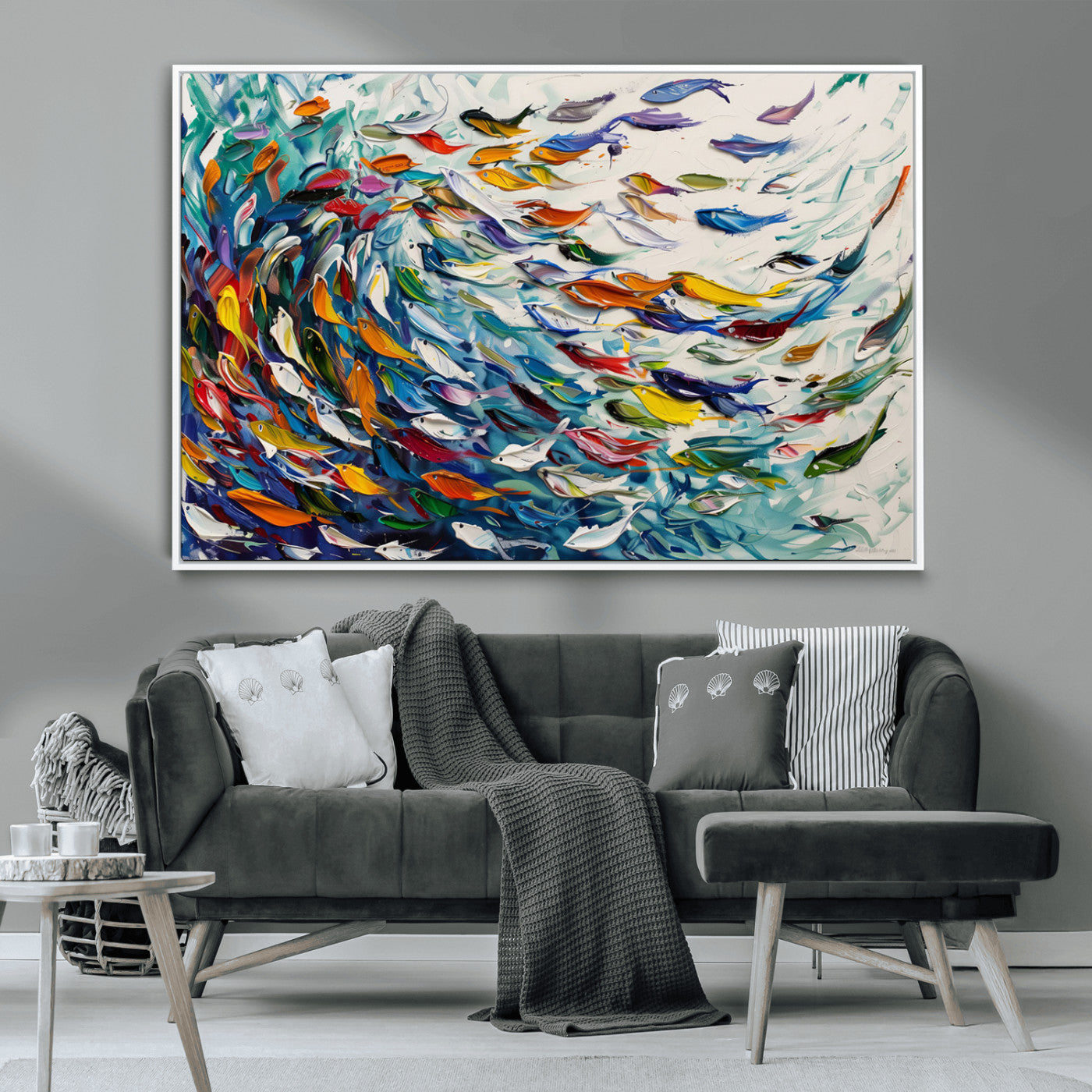 MGV-FC-36X24 - Modern Abstract Fish Shoal Wall Art Canvas Print, Colorful Fish Herd Painting on Canvas Print, Ocean