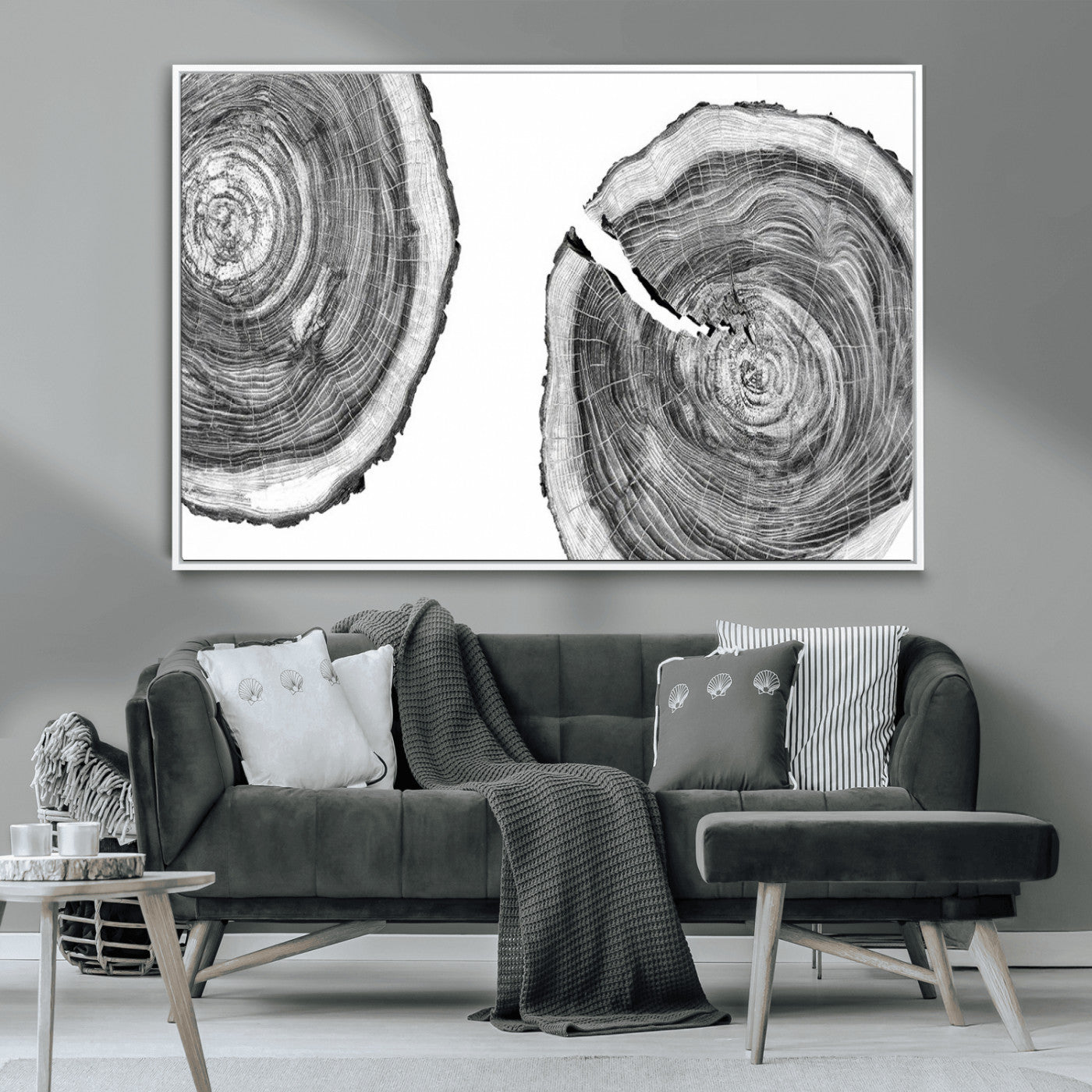 MGV-FC-36X24 - Modern Black and White Tree Rings Canvas Wall Art – Nature Inspired Wood Slice Print – Minimalist