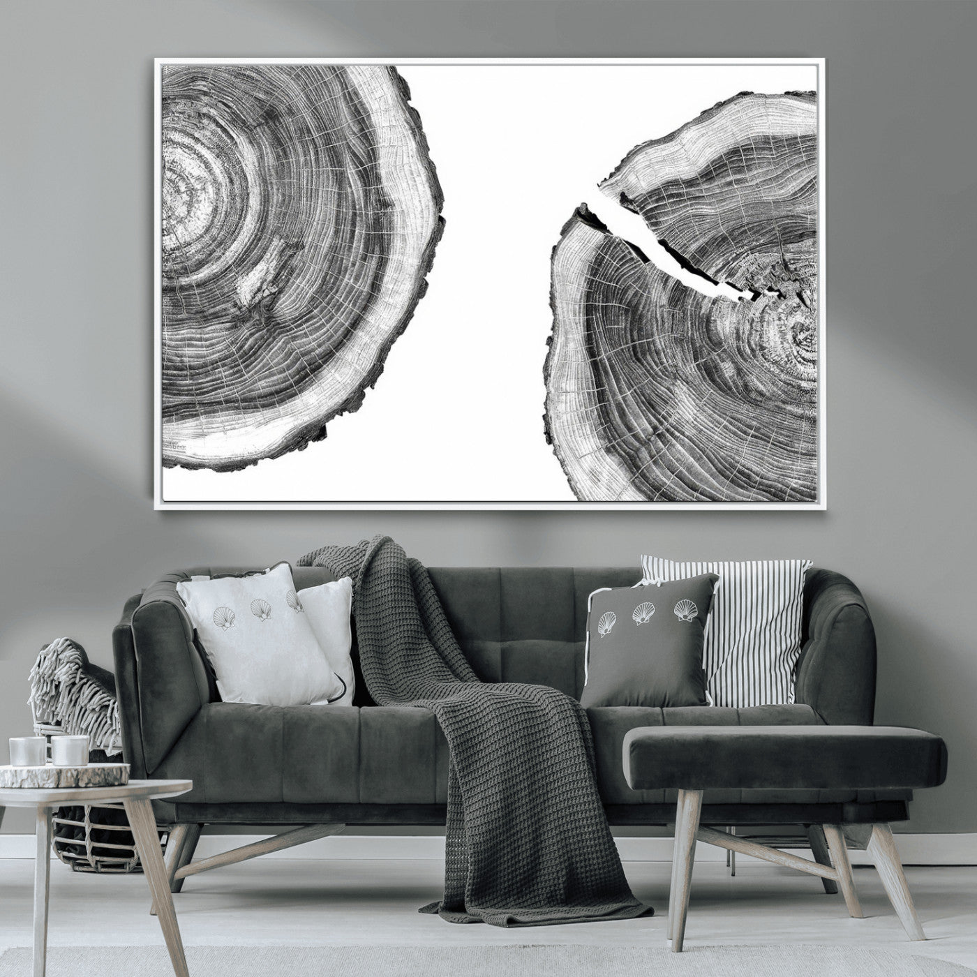 MGV-FC-36X24 - Abstract Large Tree Rings – Minimalist Black and White Wood Art | Triptych Canvas, Modern Wall Decor