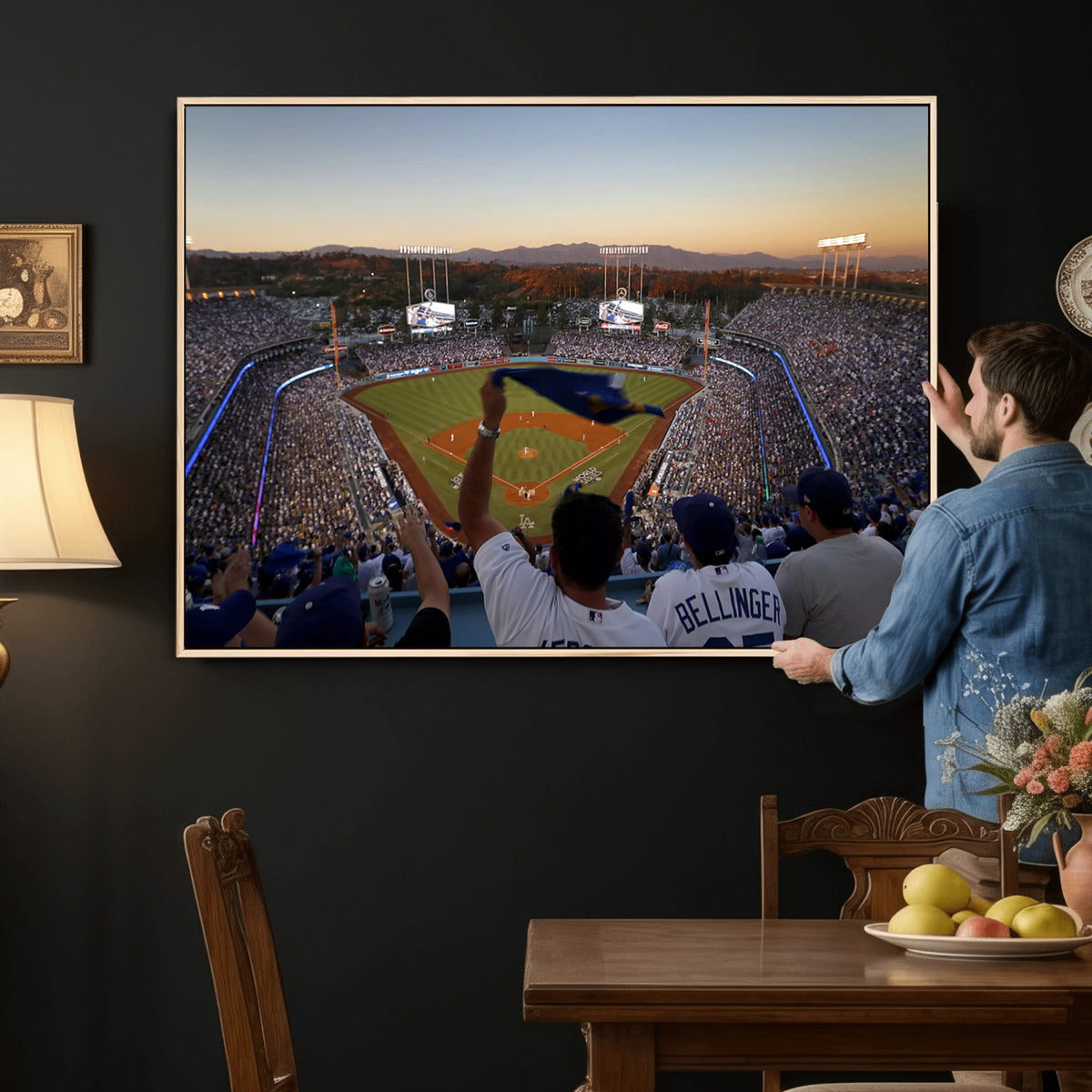 60162-MGV-CV-36X24 - Dodger Stadium Sunset Game Triple Canvas Wall Art, Los Angeles Dodgers MLB Match