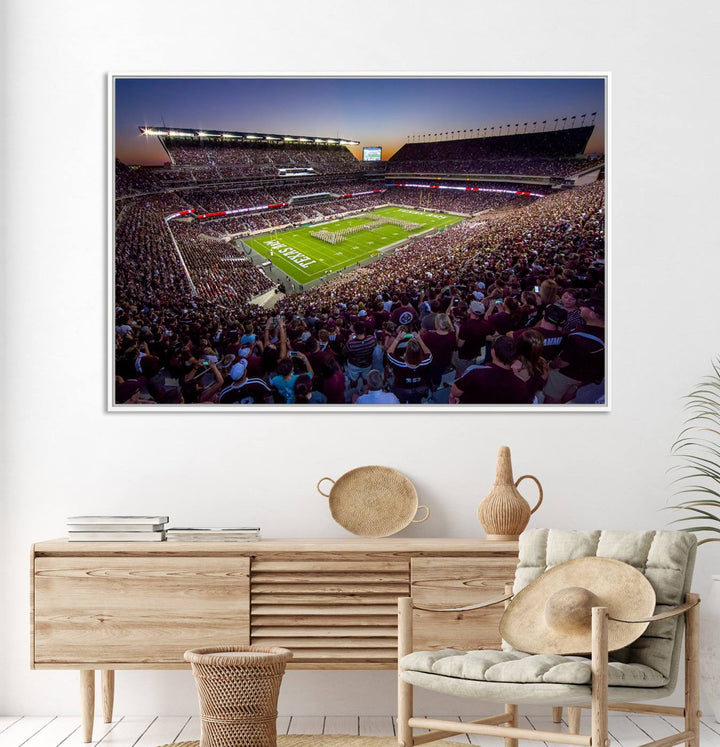 A vibrant canvas print of Texas A&M Aggies at College Stations Kyle Field Stadium captures the energy of fans cheering as the band marches at sunset.