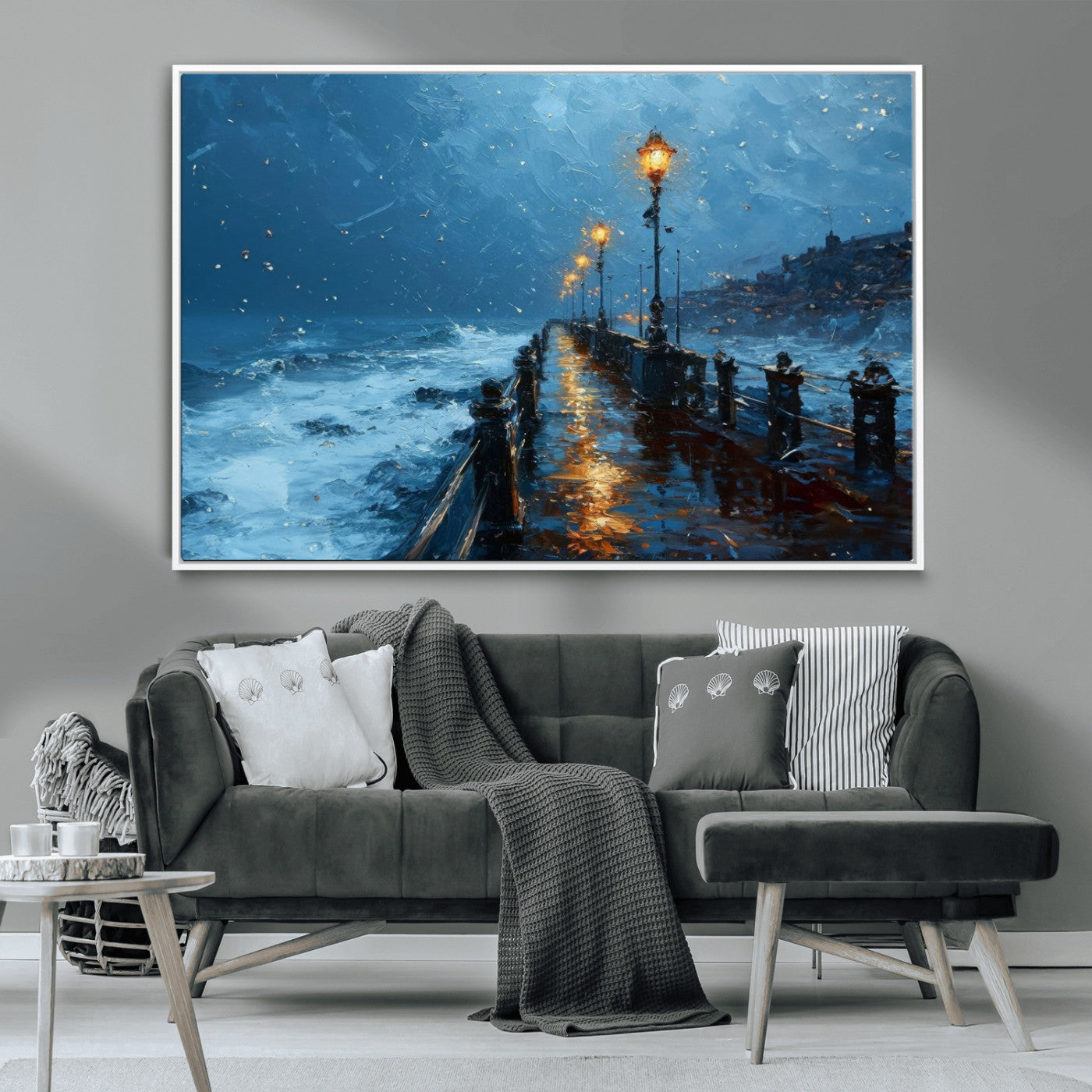 MGV-FC-36X24 - Stormy Night at Beach Pier Oil Painting Large Wall Art Print, Framed Canvas Nature Wall Decor,