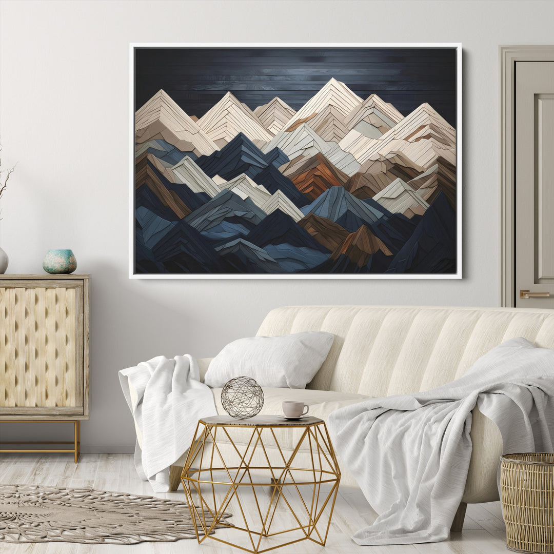 Rustic Mountain Landscape Wall Art Print - Wooden 3D Effect Mountain Canvas Print - Textured Peaks Wall Art for Cabin or Lodge Decor