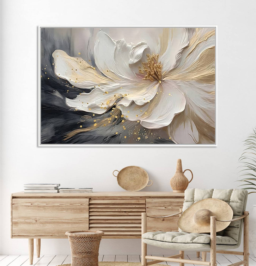 Elegant White and Gold Floral Triptych Canvas Art, a modern textured flower painting for home or office decor, features a blurred gray background.