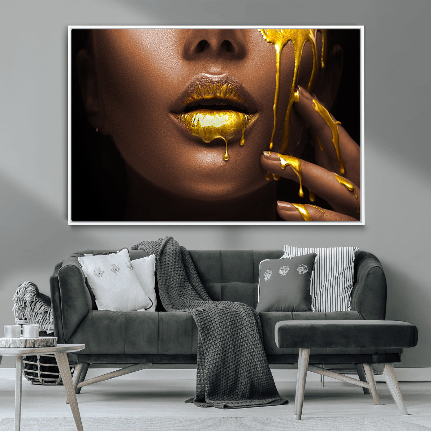 MGV-FC-36X24 - African American Art Black Woman Canvas Print, African Wall Art, Fashion African Woman Gold Lips