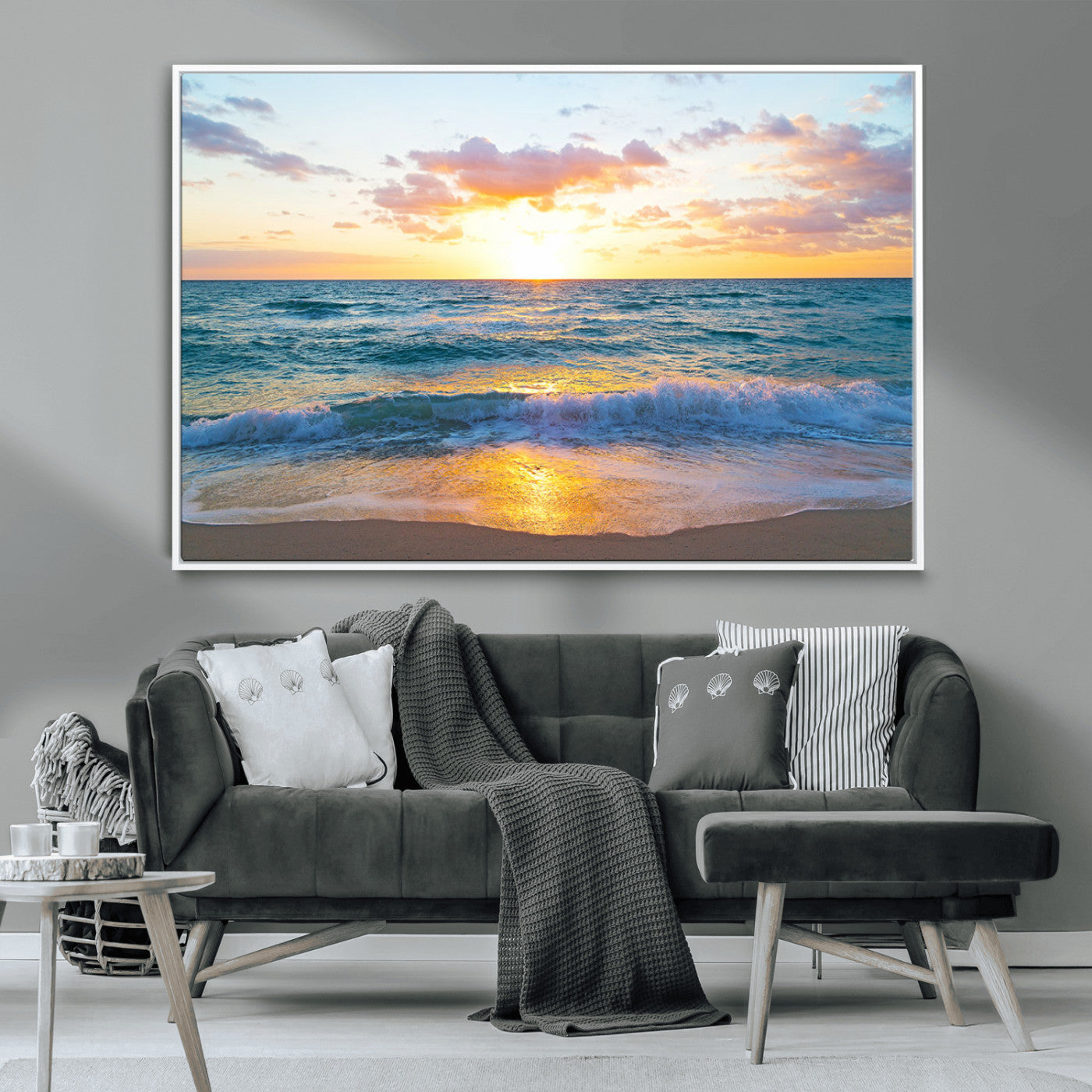 MGV-FC-36X24 - Golden Sunset Over Ocean Waves - Serene Coastal Triptych Wall Art for Relaxing Home Decor, Ready to