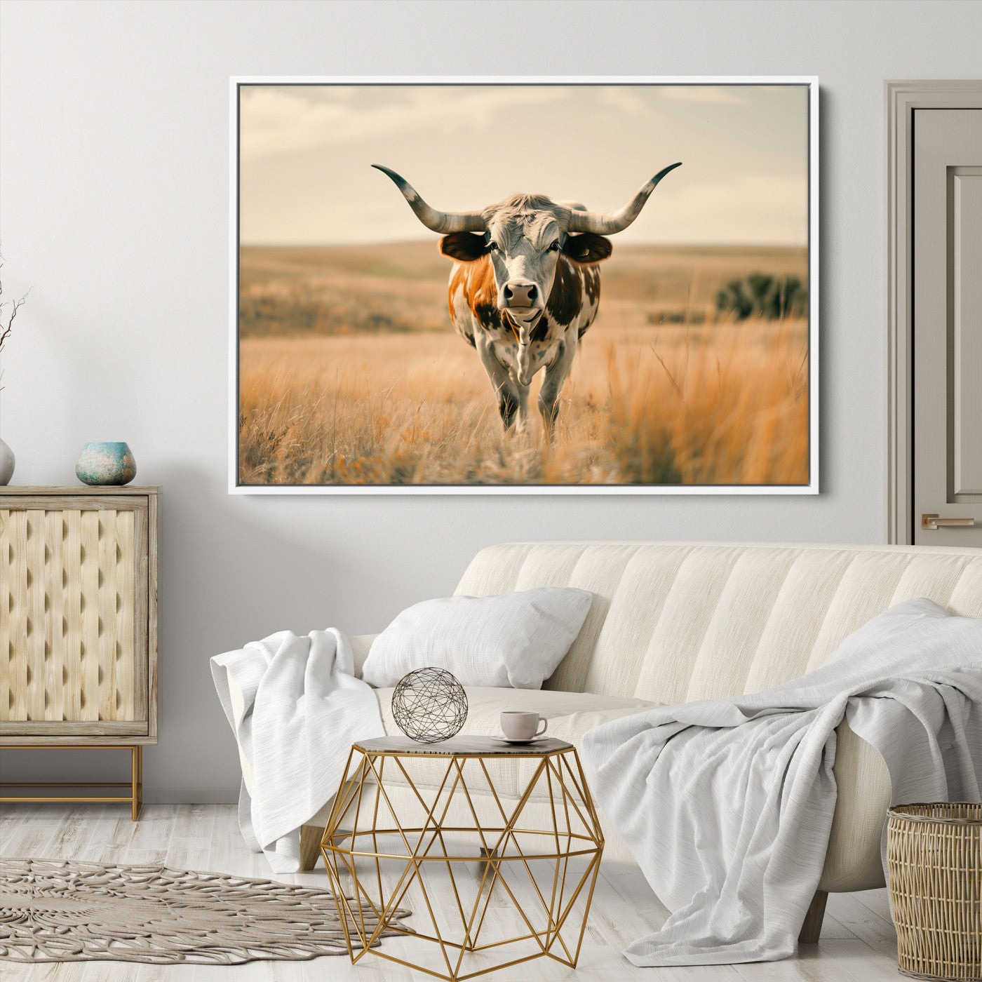 16580-MGV-CV-36X24-Texas Cow Longhorn Wall Art Canvas Print for Farm House Wall Decor, Farmhouse Cow Print Canvas Wall Art Print