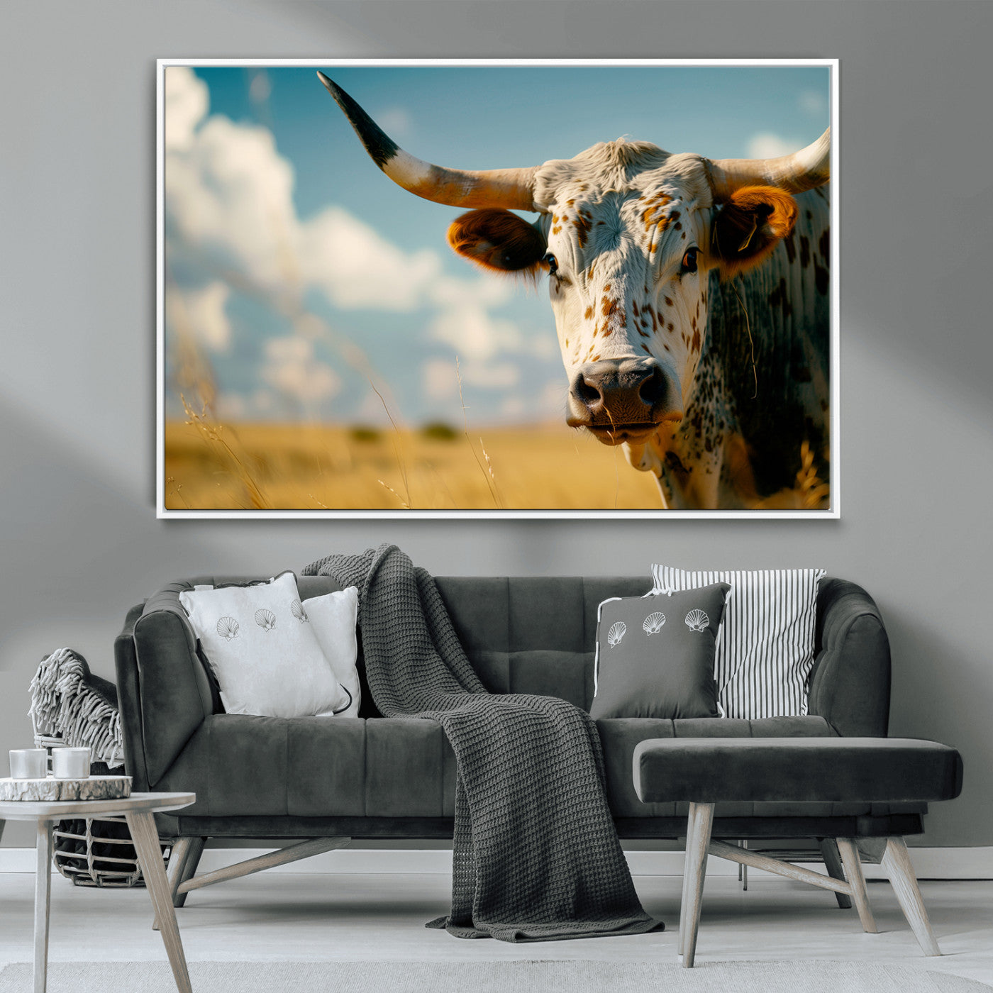 MGV-FC-36X24 - Longhorn in the Prairie - Stunning Ranch-Style Triptych Wall Art for Western Home Decor, Cowboy Wall