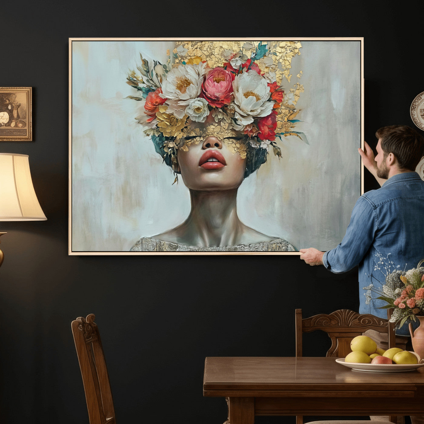 26919-MGV-CV-36X24 - Golden Petal Wall Art Canvas Print - Silhouette Woman Wall Art Canvas Print, Floral Woman Portrait