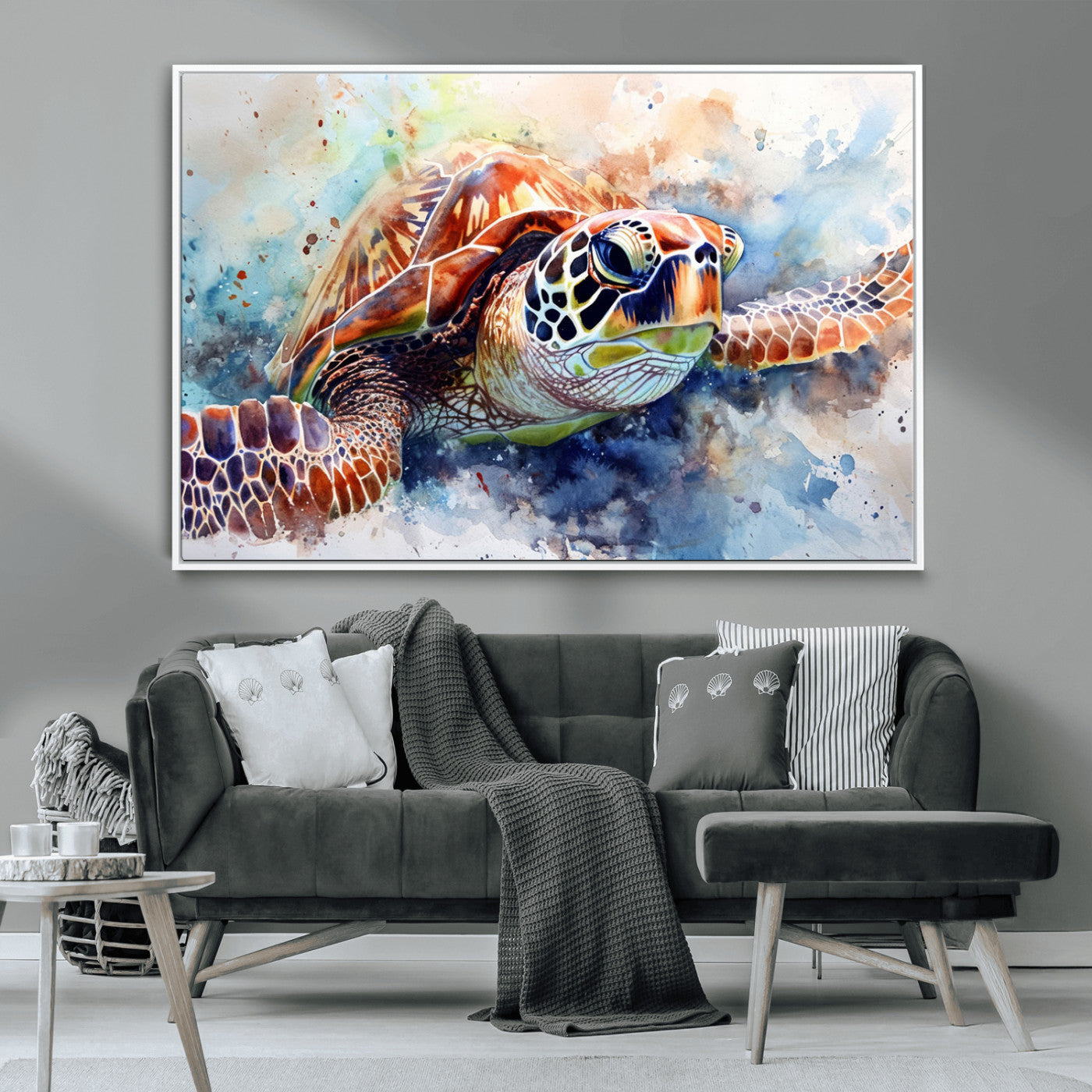 MGV-FC-36X24 - Watercolor Sea Turtle Wall Art Canvas Print - Vibrant Ocean Colors in Watercolor Style - Ready to
