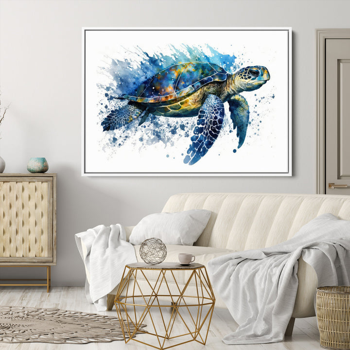 The Turtle Wall Art Print, featuring blue splashes, beautifully showcases Ocean Life.