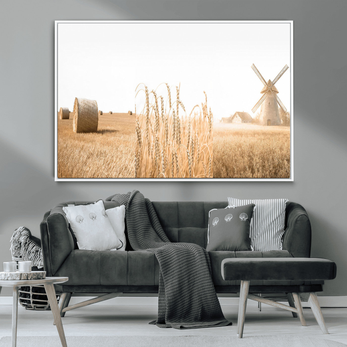 MGV-FC-36X24 - Vintage Farmhouse Triptych Wall Art – Giclée Canvas Featuring Wheat Fields, Hay Bales, and a