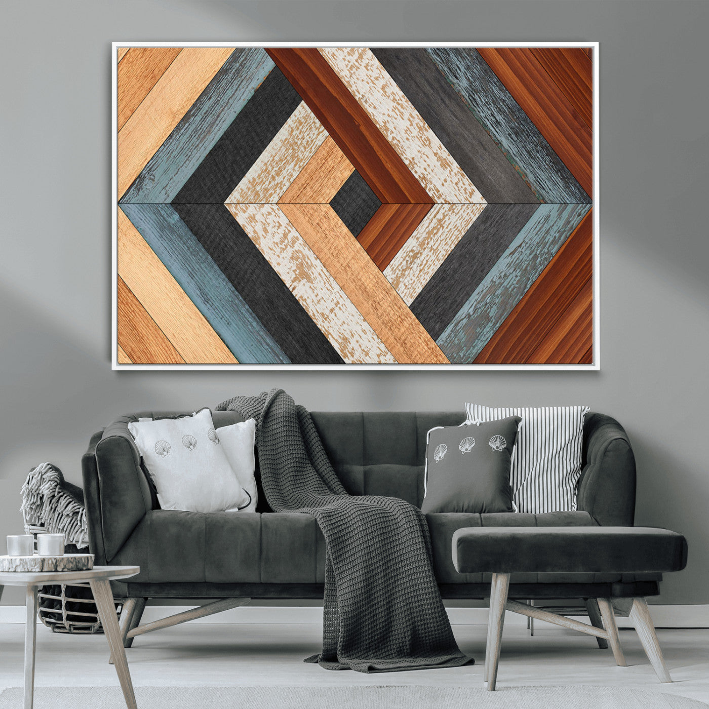 MGV-FC-36X24 - Geometric Wood Art Wall Decor Canvas Print, Rustic Wooden Pattern Triptych Wall Art for Living Room