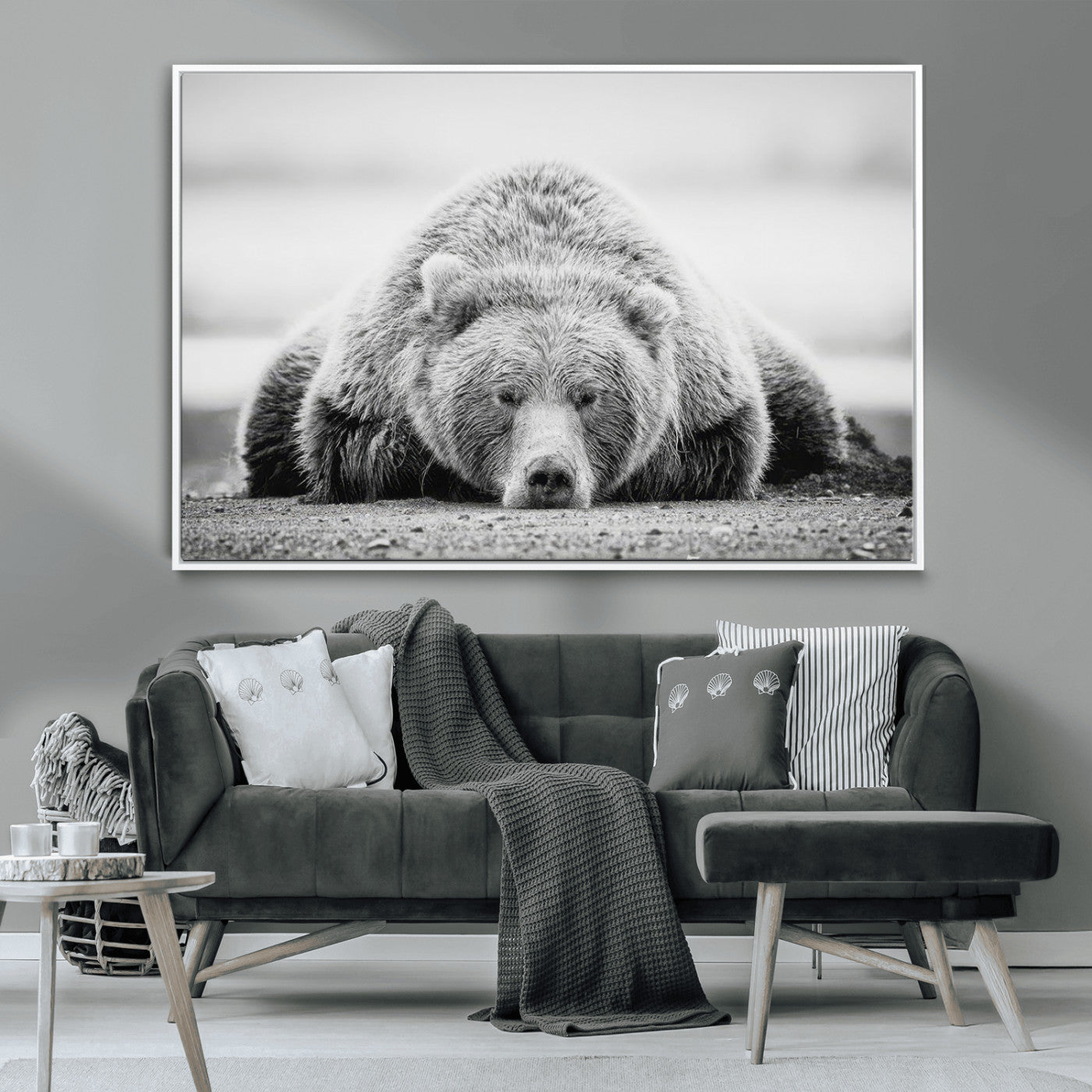 MGV-FC-36X24 - Resting Grizzly Bear Wall Art Canvas Print – Majestic Lazy Black and White Wildlife Bear Art,