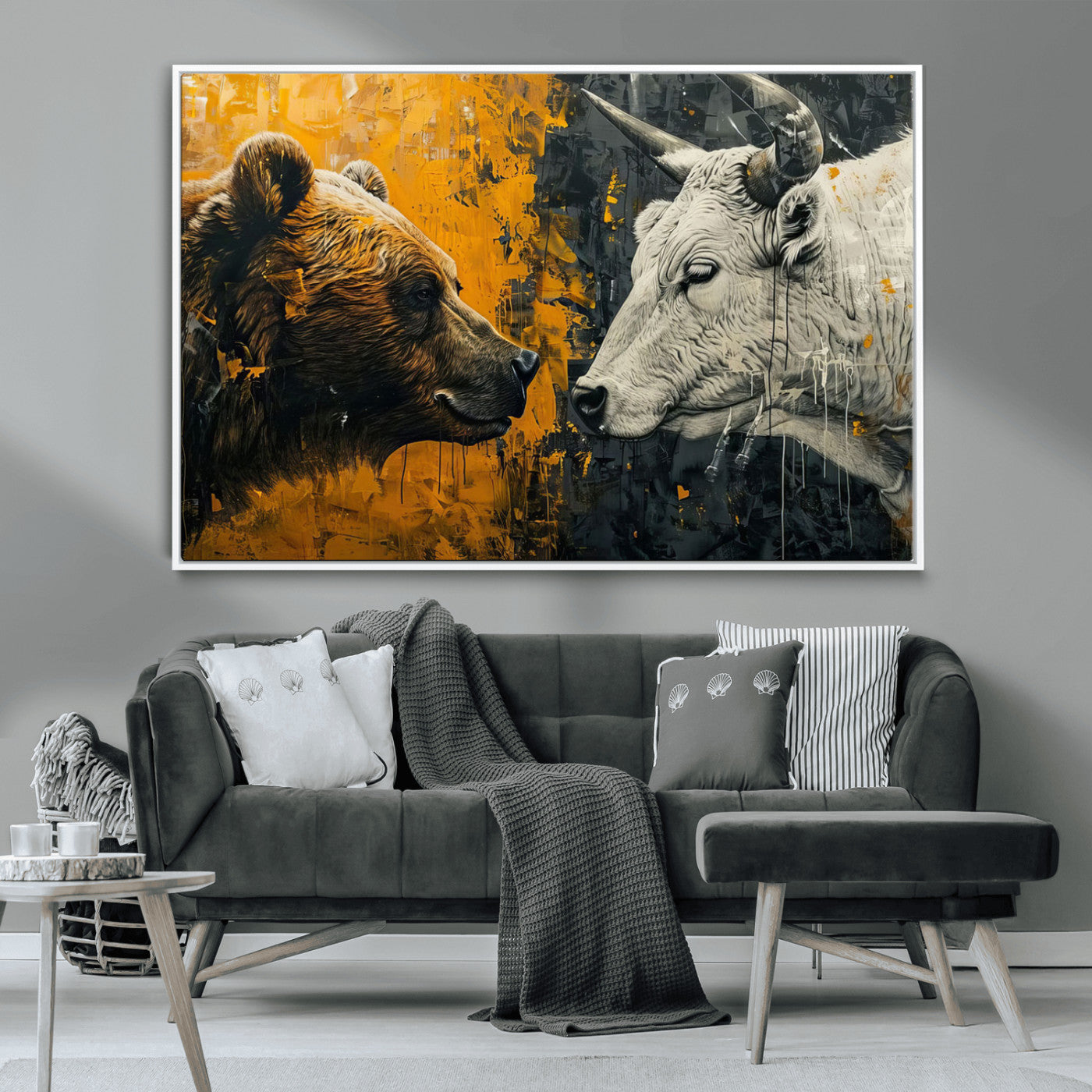 MGV-FC-36X24 - Bear and Bull Wall Art Canvas Print – Abstract Animal Portrait Painting for Modern Home Decor –