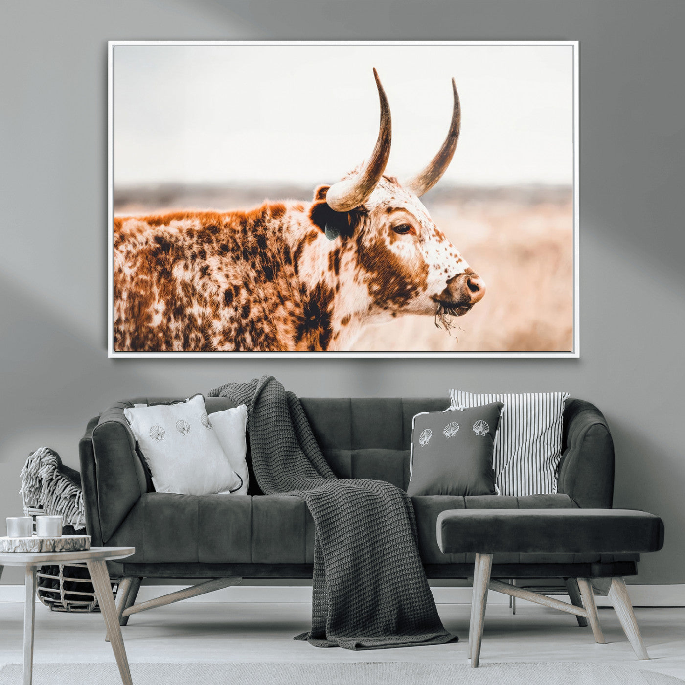 -Speckled Bull Wall Art Canvas Print – Rustic Cow Longhorn Farmhouse Animal Decor – Western Longhorn