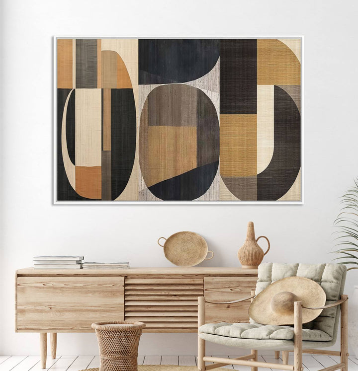 Framed Wabi Sabi Art Print: A modern minimalist geometric canvas featuring earthy tones and overlapping rounded shapes. Ready to hang.