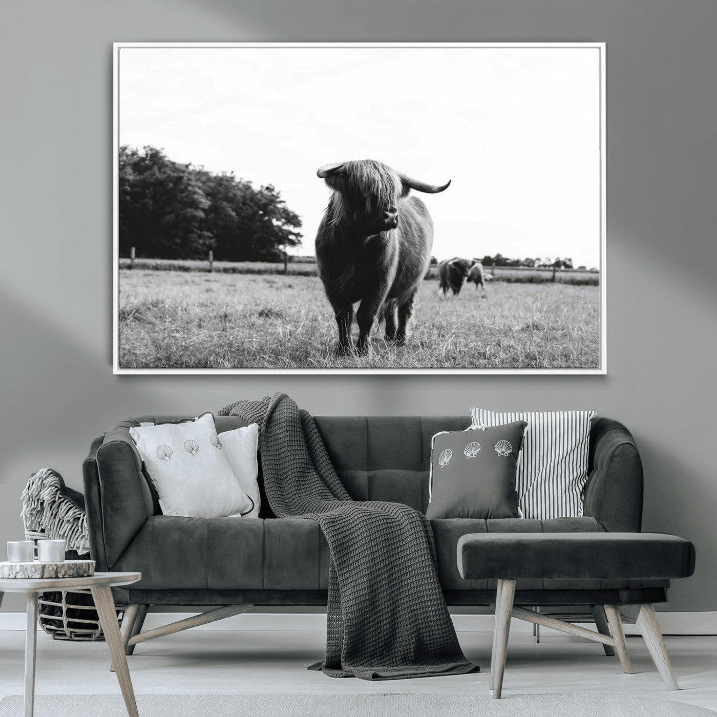 MGV-FC-36X24 - Black and White Highland Cow Wall Art Canvas Print | Rustic Western Decor for Living Room or Office,