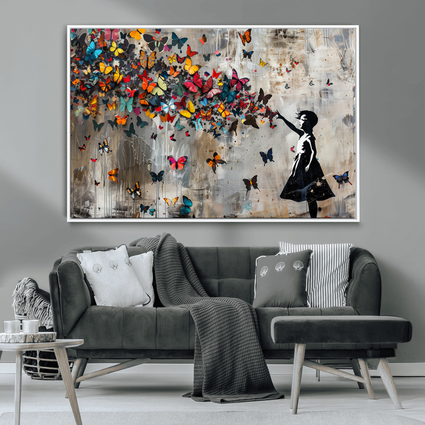 MGV-FC-36X24 - Banksy Wall Art - Banksy Girl and Butterfly Explosion Wall Art Canvas Print | Girl with Butterflies