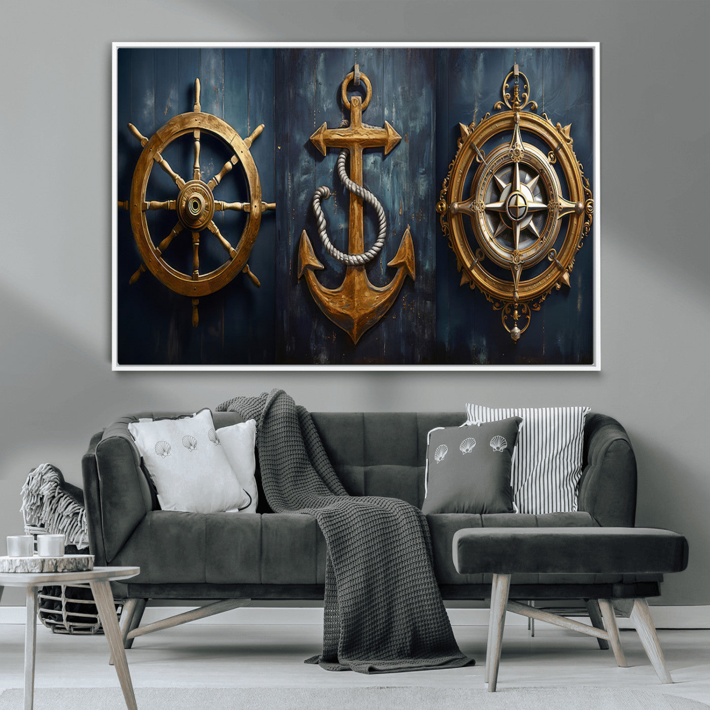 MGV-FC-36X24 - Boat Anchor Compass With Rope Wall Art Canvas Print | Beach House Wall Art