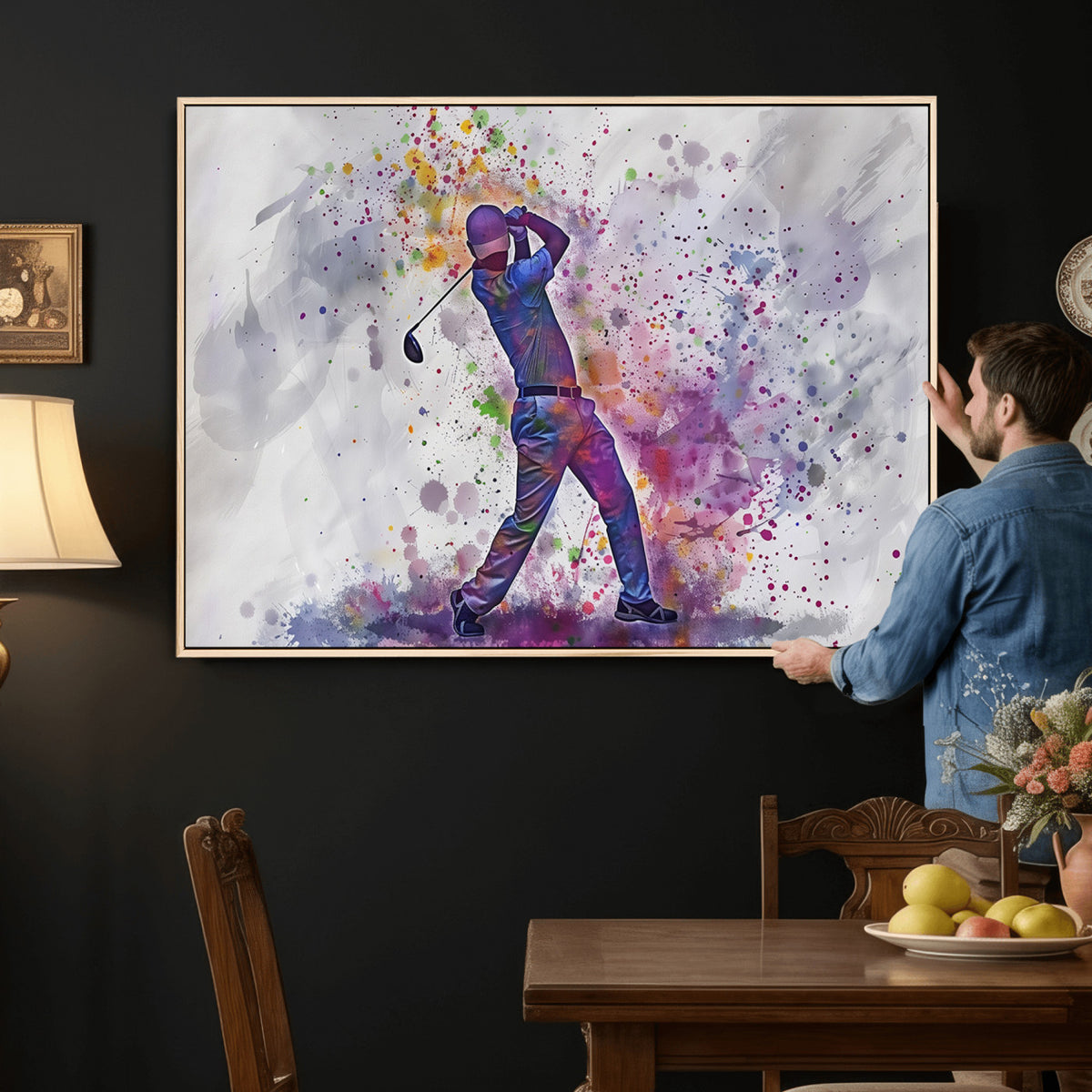 60116-MGV-CV-36X24 - Watercolor Golf Swing Wall Art Canvas Print, Vibrant, Framed and Ready to Hang