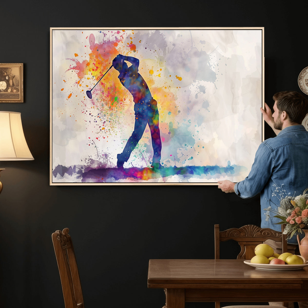 89625-MGV-CV-36X24 - Vibrant Watercolor Golf Swing Wall Art Canvas Print | Extra Large 3 Piece Canvas Wall Art