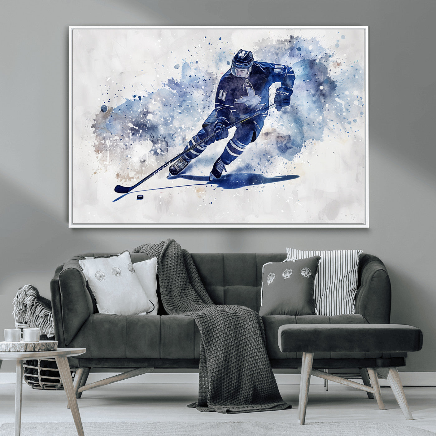 MGV-FC-36X24 - Hockey Player Wall Art Canvas Print - Sports-Inspired Watercolor Decor - Ready to Hang