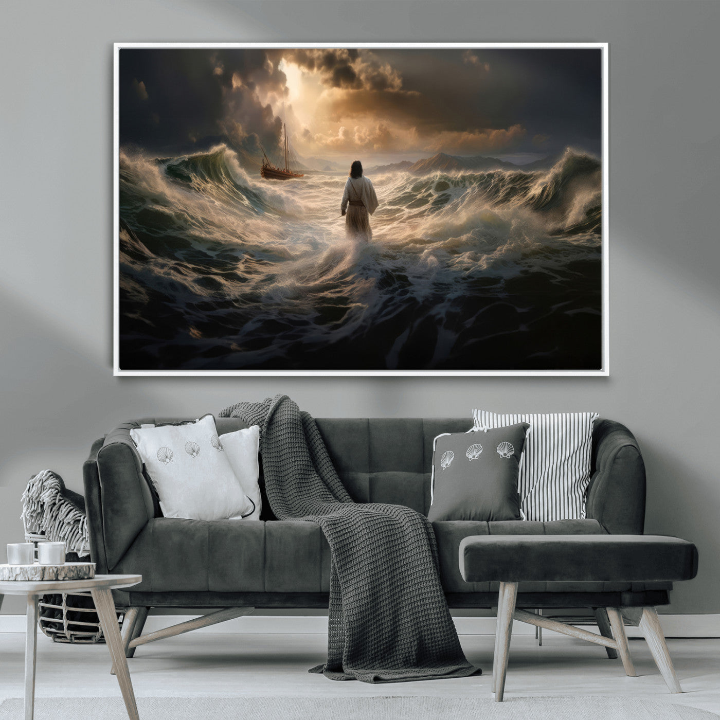 MGV-FC-36X24 - Jesus Walking on Water Wall Art Canvas Print - Religious Spiritual Decor - Jesus Wall Art Canvas