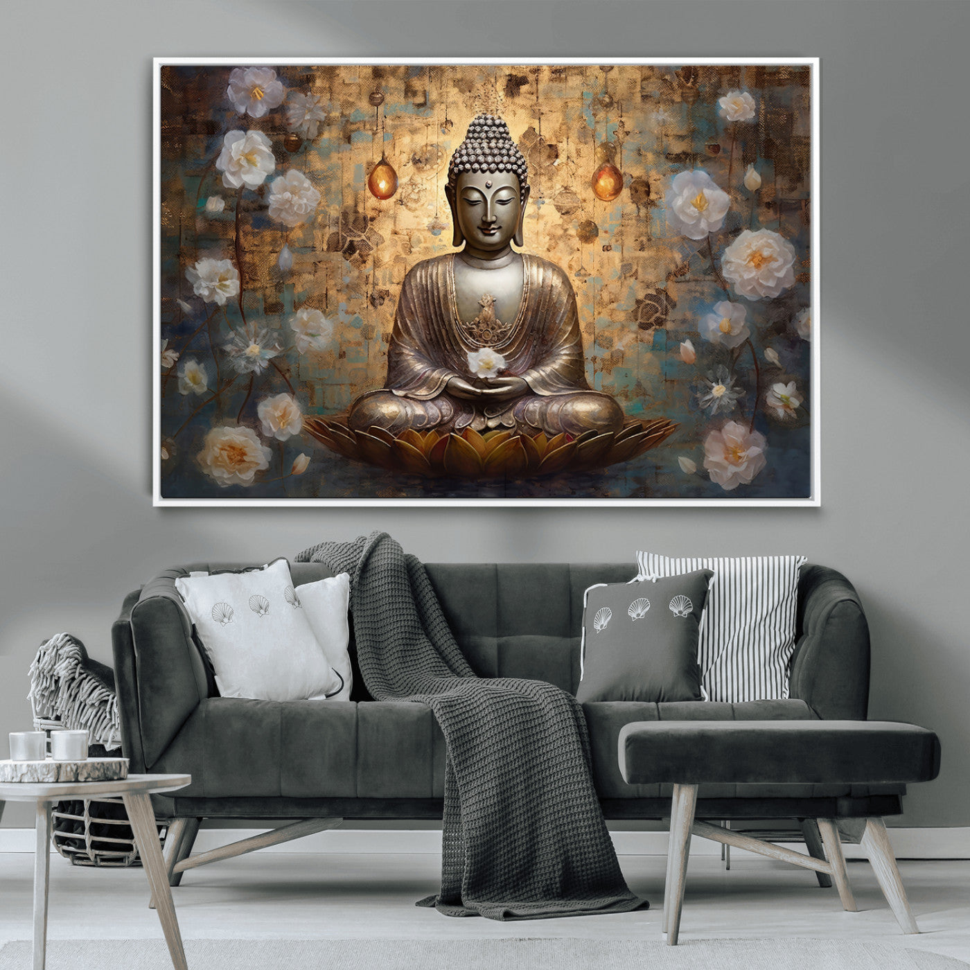 MGV-FC-36X24 - Golden Buddha Wall Art Canvas Print | Zen Meditation Floral Decor | Tranquil Spiritual Home Art |