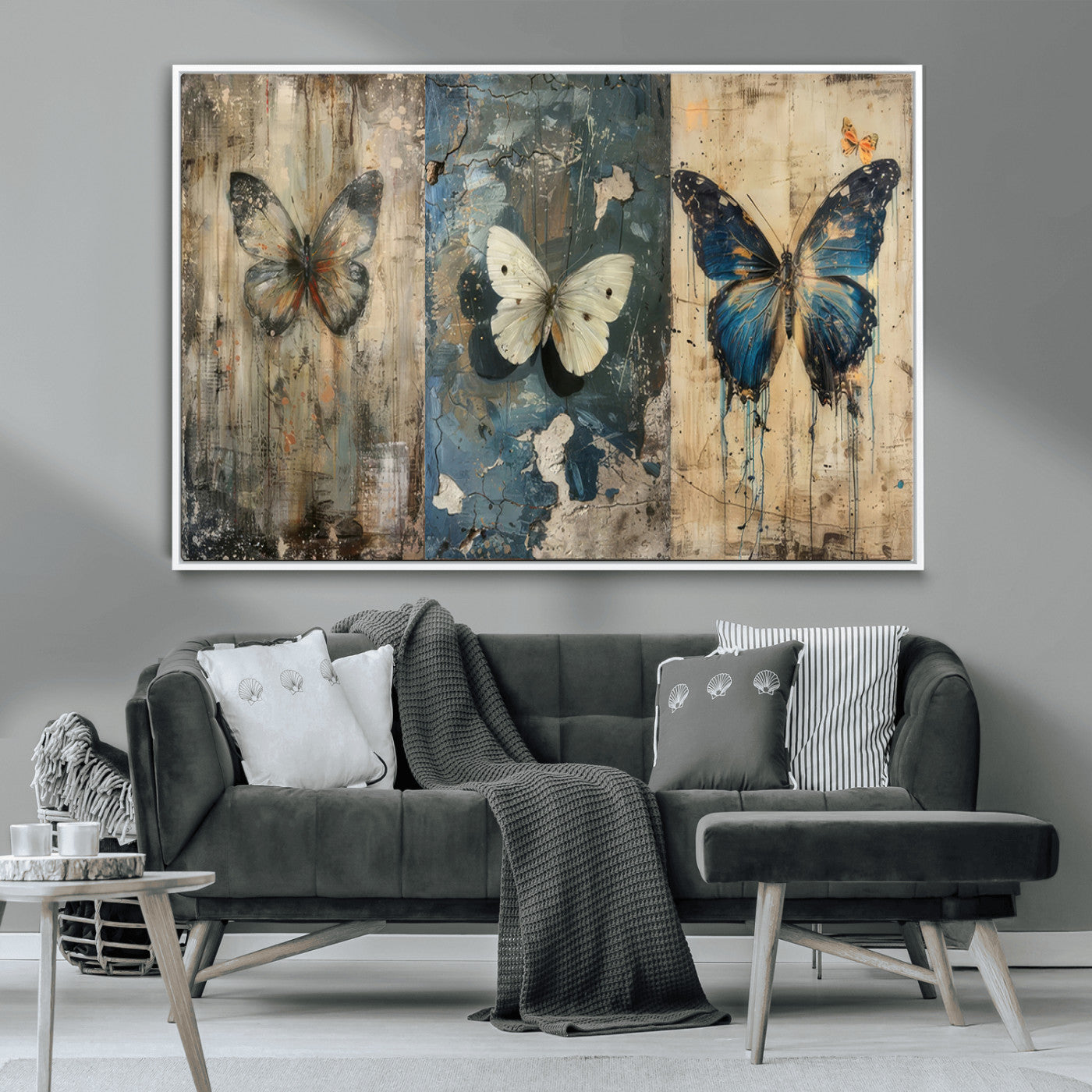 MGV-FC-36X24 - Butterfly Wall Art Trio | Vintage Butterfly Canvas Print | Ready to Hang Framed Artwork for