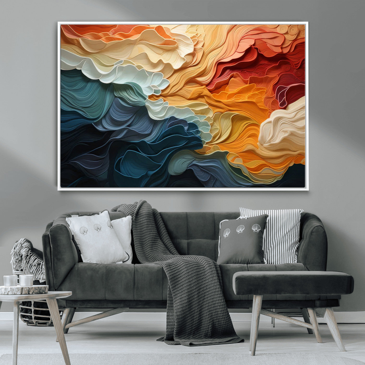 MGV-FC-36X24 - Blue Orange Abstract Wave Wall Art Canvas Print, Framed Blue Orange Wave Wall Art
