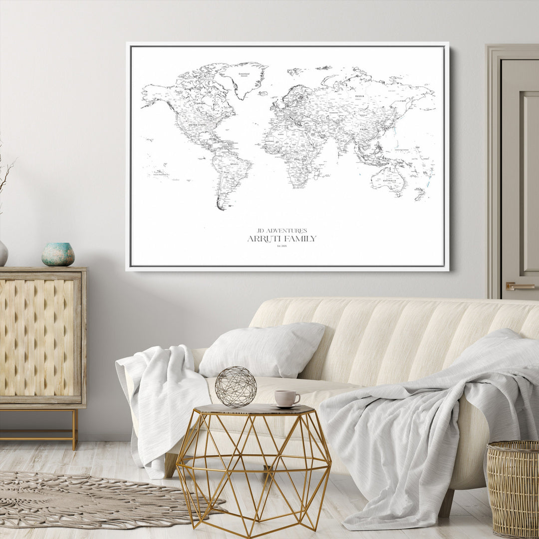 Personalized World Map Wall Art Canvas Print - Custom Push Pin Travel Map Canvas - Framed Map Print for Travel Lover Gift