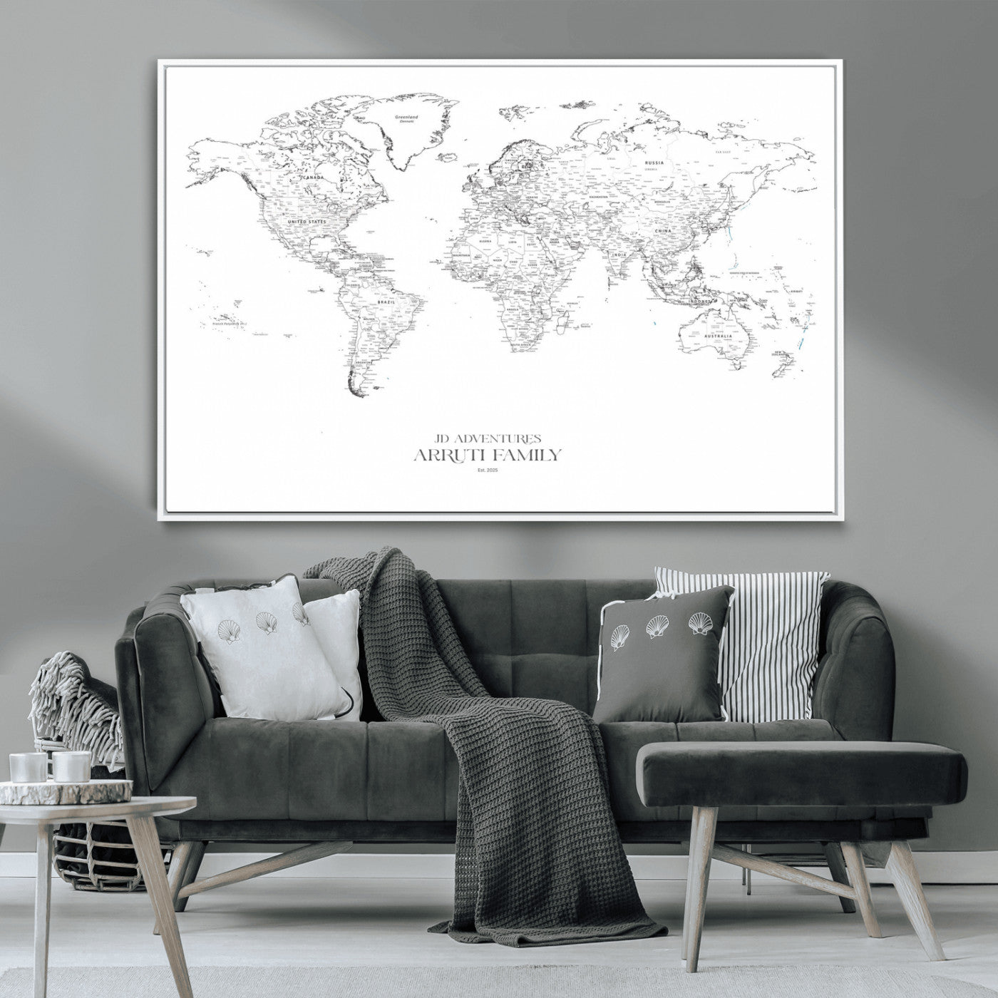 MGV-FC-36X24 - Custom World Map Wall Art – Personalized Framed Canvas Print with Push Pins for Travel Tracking,