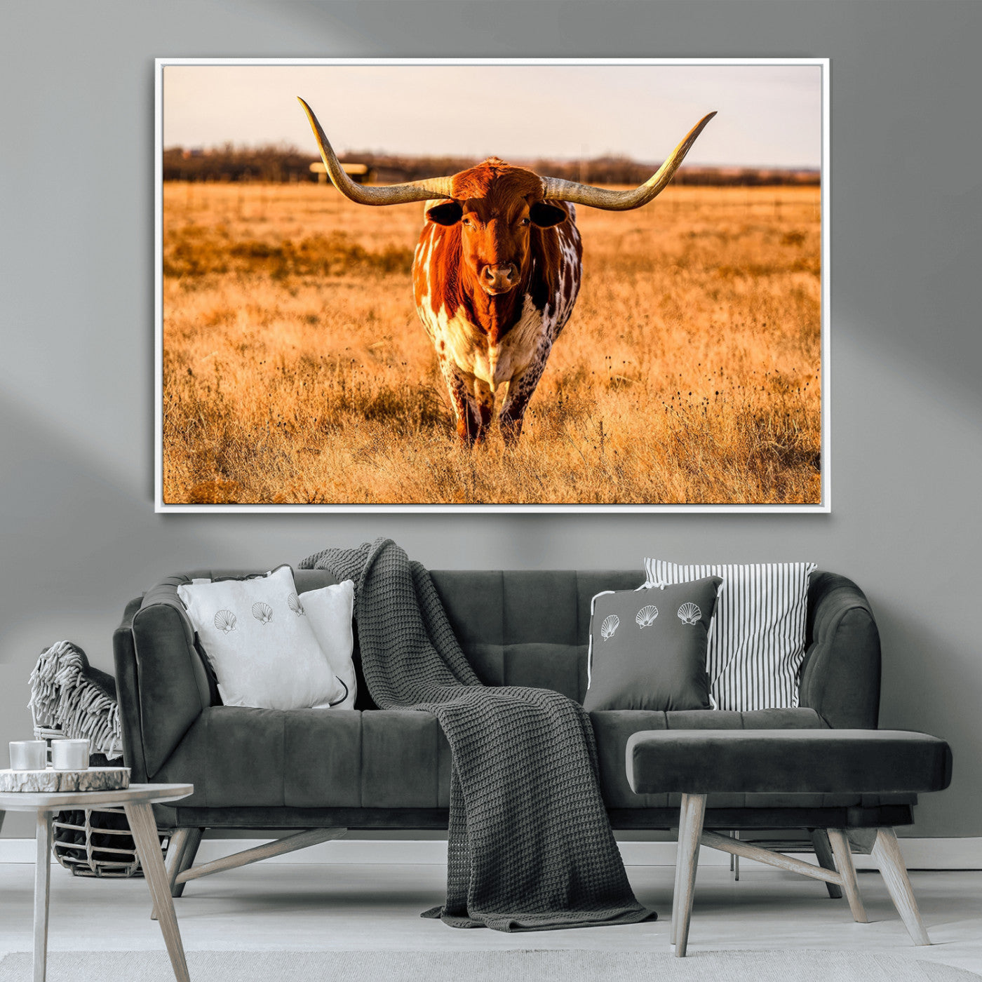 MGV-FC-36X24 - Longhorn Cow Wall Art | Ready to Hang Framed Canvas Print for Farmhouse and Barn Decor