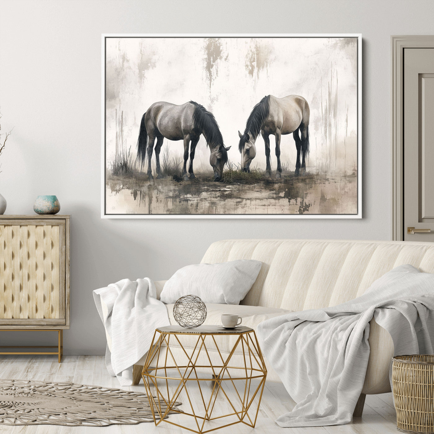 35494-MGV-CV-36X24-Chines Ink Style Vintage Horses Wall Art Canvas Print for Farmhouse Wall Decor