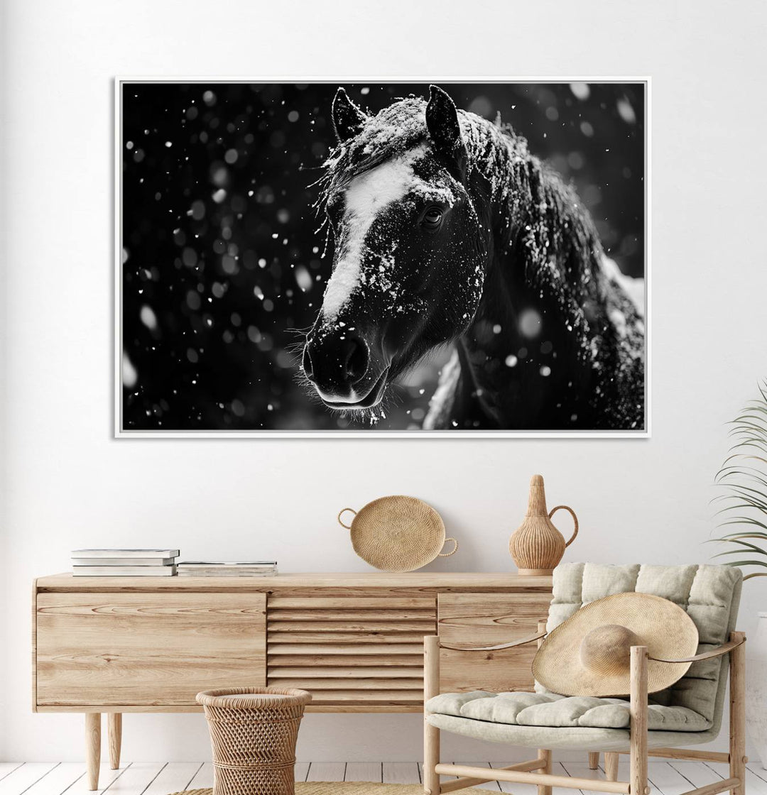 The Winter Horse Wall Art showcases a gentle horse print with snowflakes, ideal for rustic farmhouse or cabin decor.