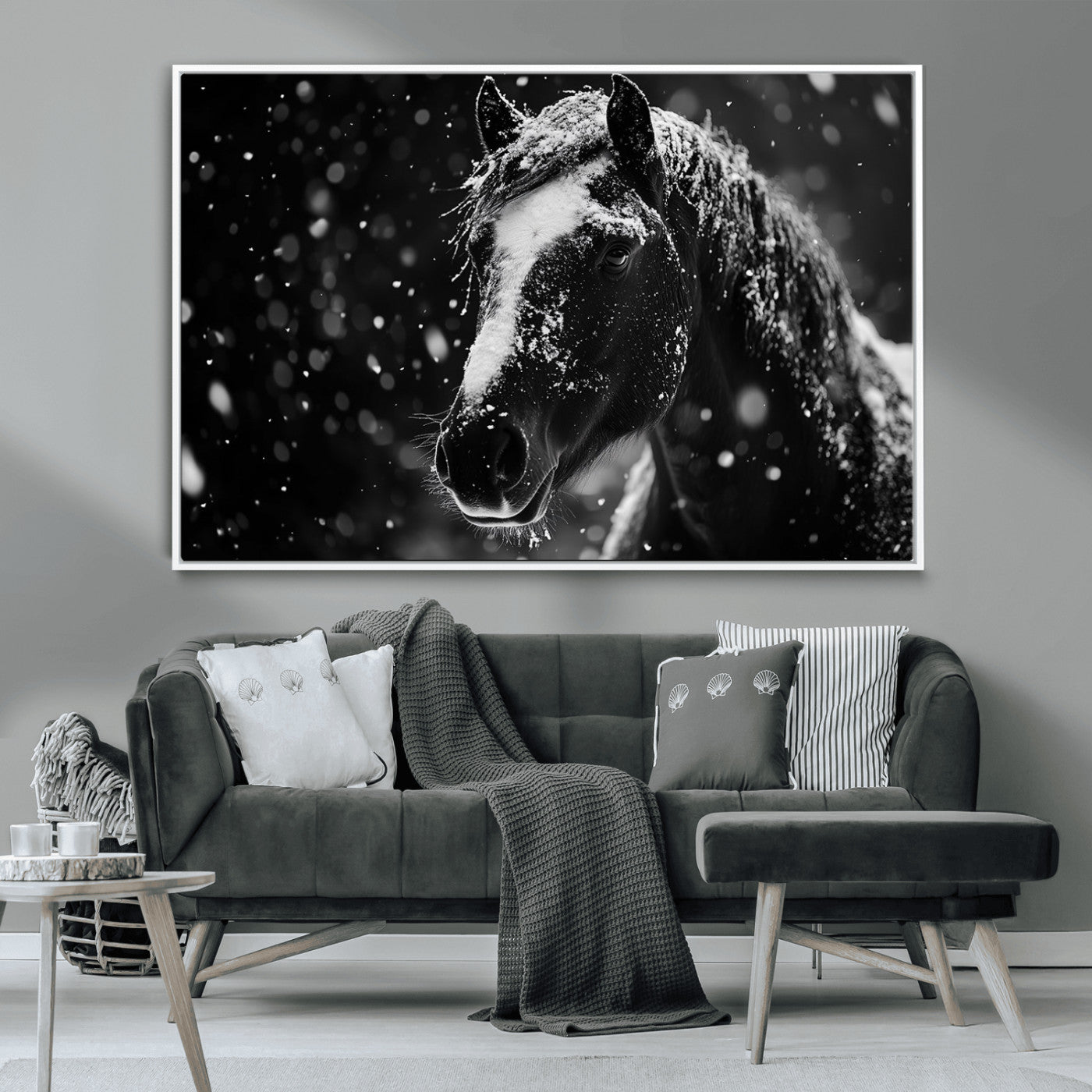 MGV-FC-36X24 - Winter Horse Wall Art | Black and White Horse Print | Ready to Hang and Framed | Farmhouse Wall Art