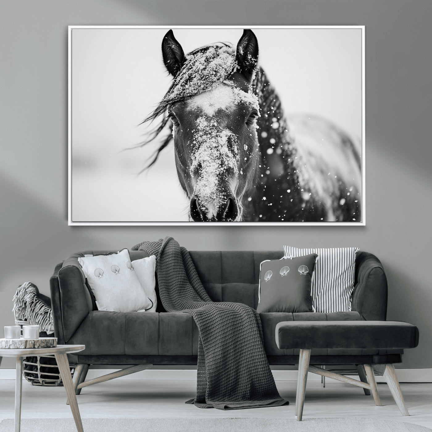 MGV-FC-36X24 - Western Wall Art | Black and White Winter Horse Wall Art | Ready to Hang and Framed | Farmhouse and