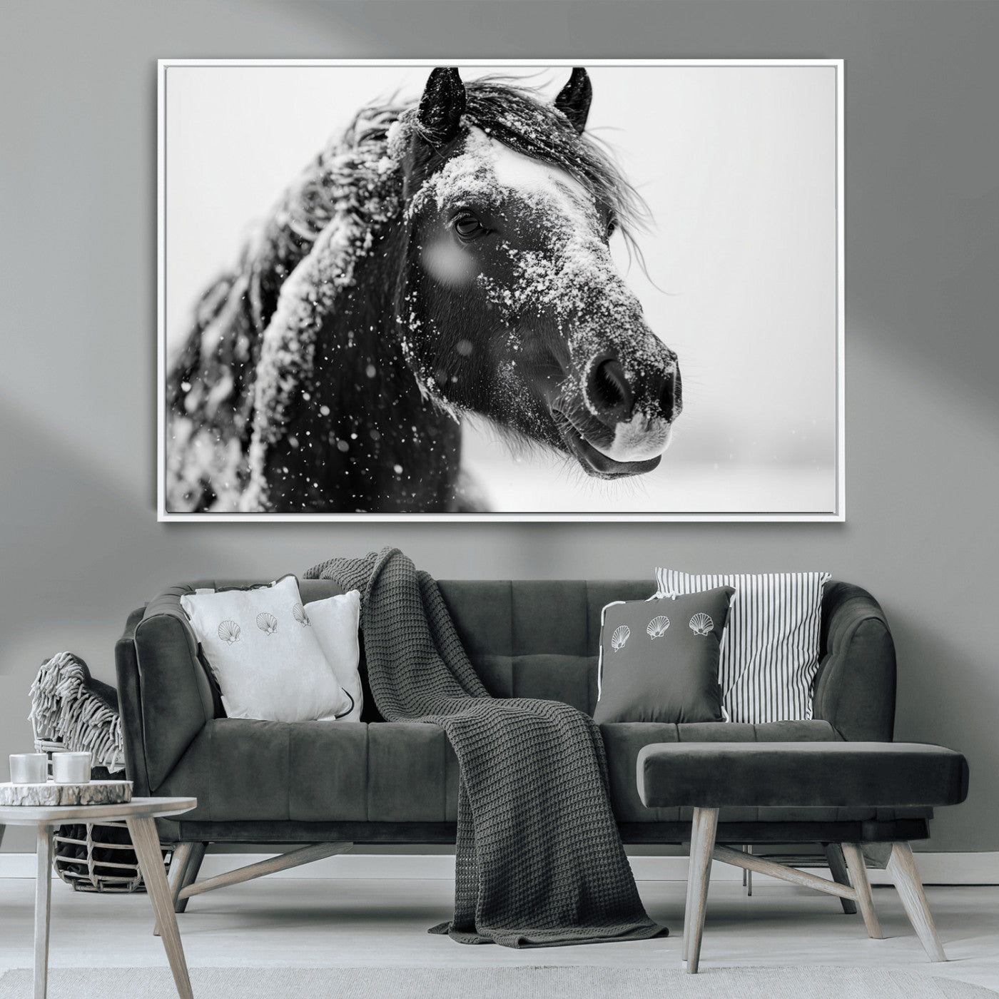MGV-FC-36X24 - Winter Horse Canvas Print | Large 3-Panel Black White Equine Photography for Rustic Farmhouse Wall