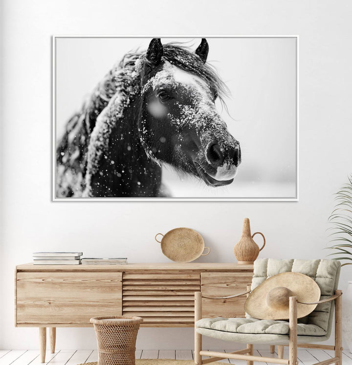 A large 3-panel rustic farmhouse wall art showcases a black and white winter horse canvas print against a snowy backdrop.