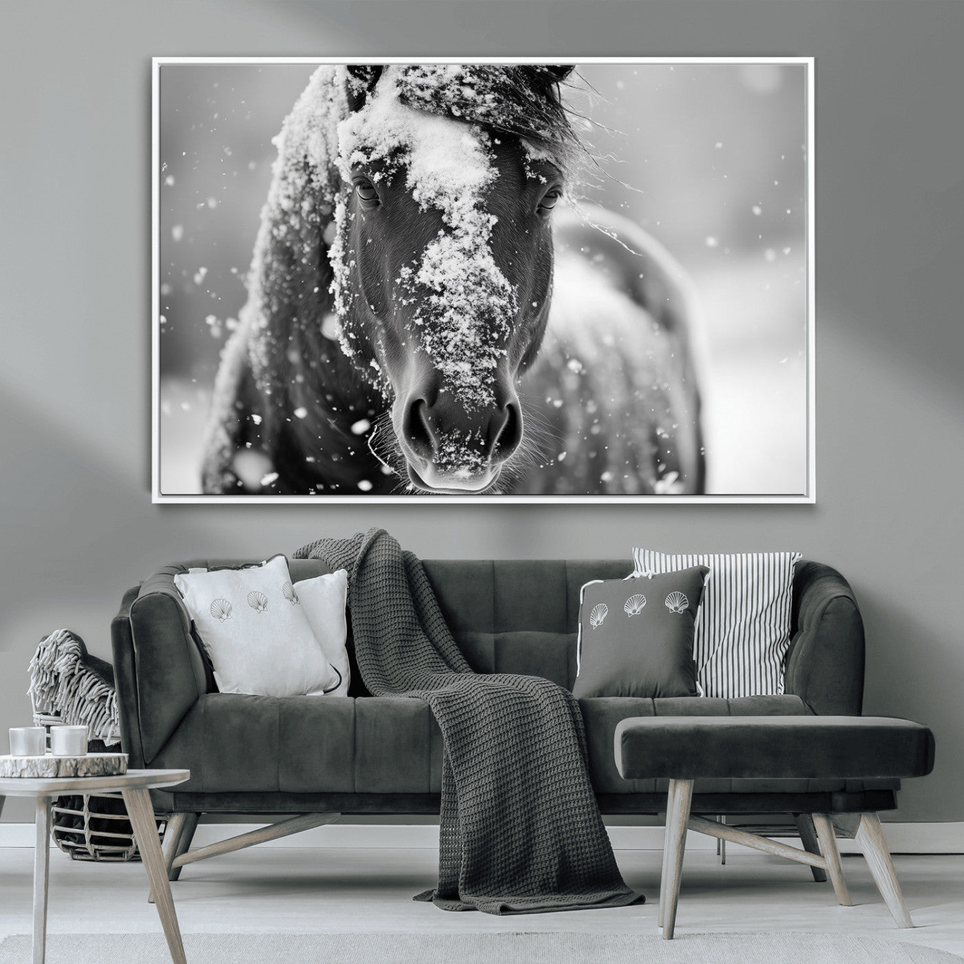 MGV-FC-36X24 - Black and White Horse Winter Wall Art | Ready to Hang and Framed | Farmhouse Wall Decor | Western