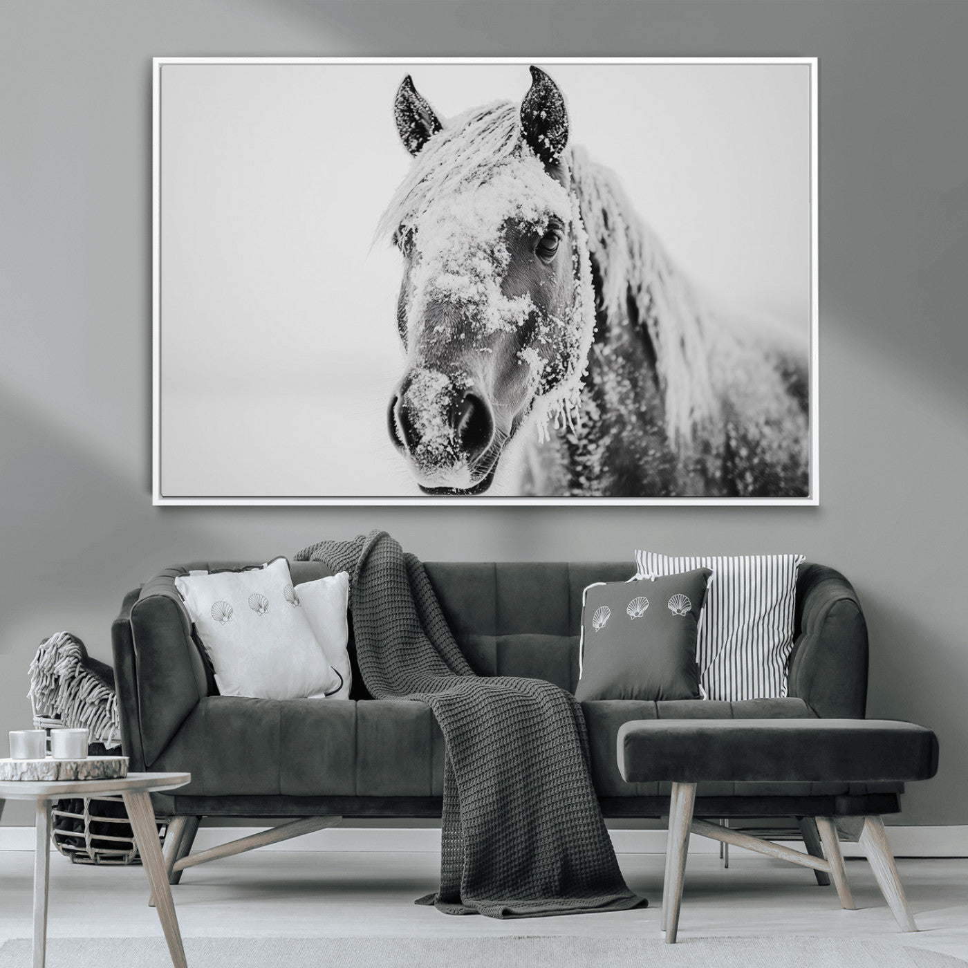MGV-FC-36X24 - White Horse Wall Art | Ready to Hang and Framed | Winter Horse Wall Art Print for Farmhouse and