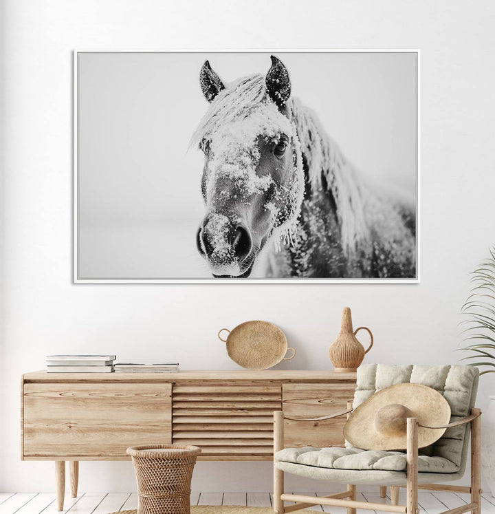 White Horse Wall Art: A black and white photo of a snow-covered horse, framed and ready to hang for farmhouse decor.