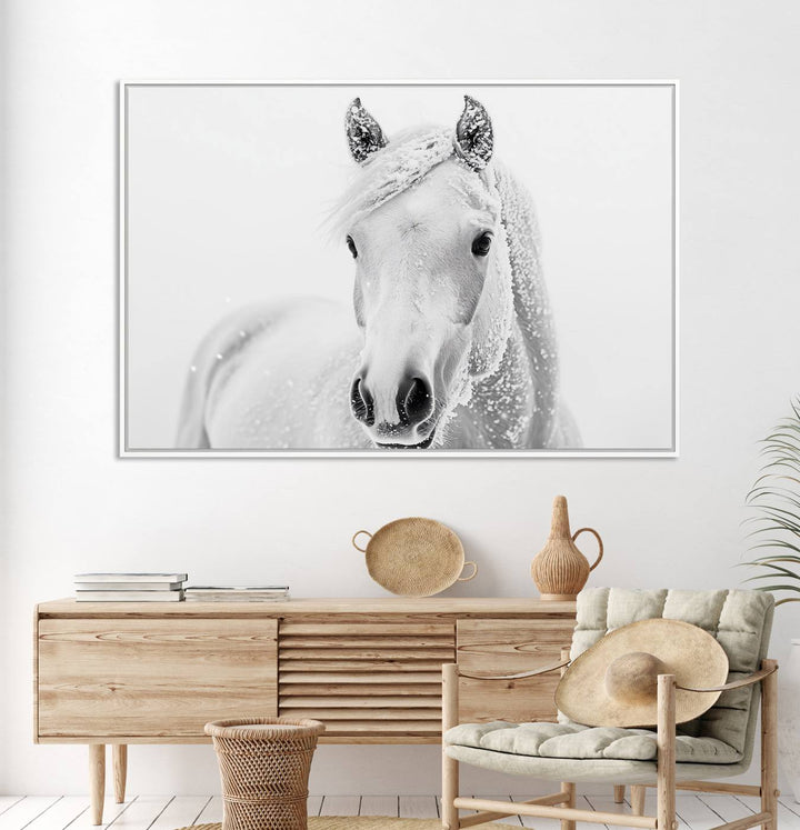 The dining room features the Majestic White Horse Wall Art, adding to its rustic charm.