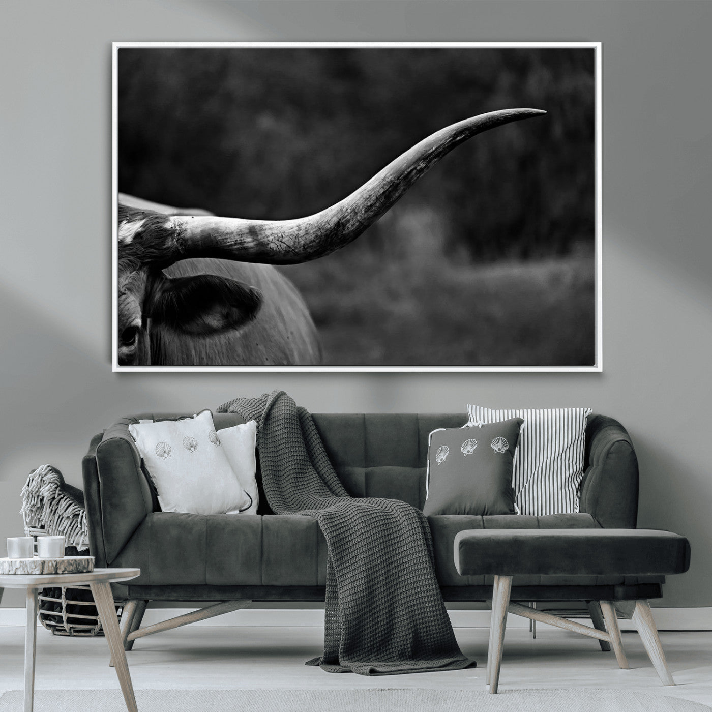 MGV-FC-36X24 - Cow Longhorn Wall Art | Black and White Print | Ready to Hang and Framed | Farmhouse Wall Decor |