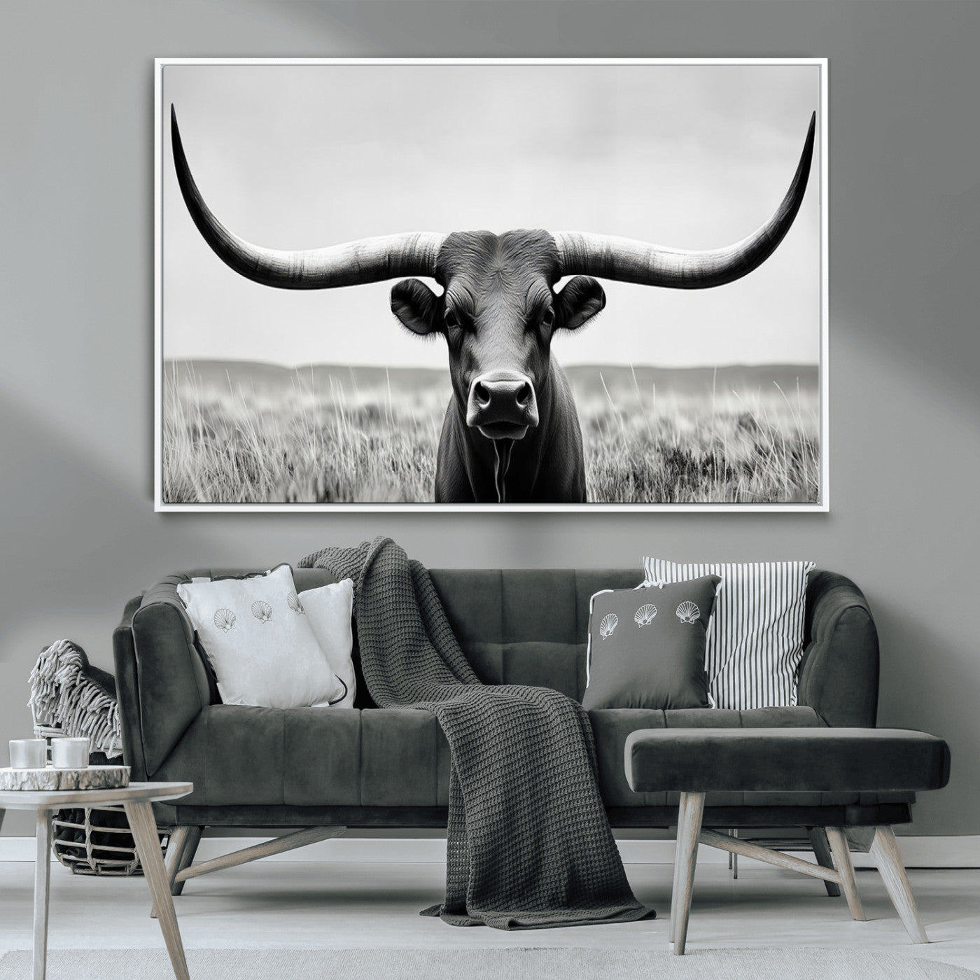 -Longhorn Bull Canvas Print | Rustic Farmhouse Wall Art | Western Decor | Ready to Hang and Framed