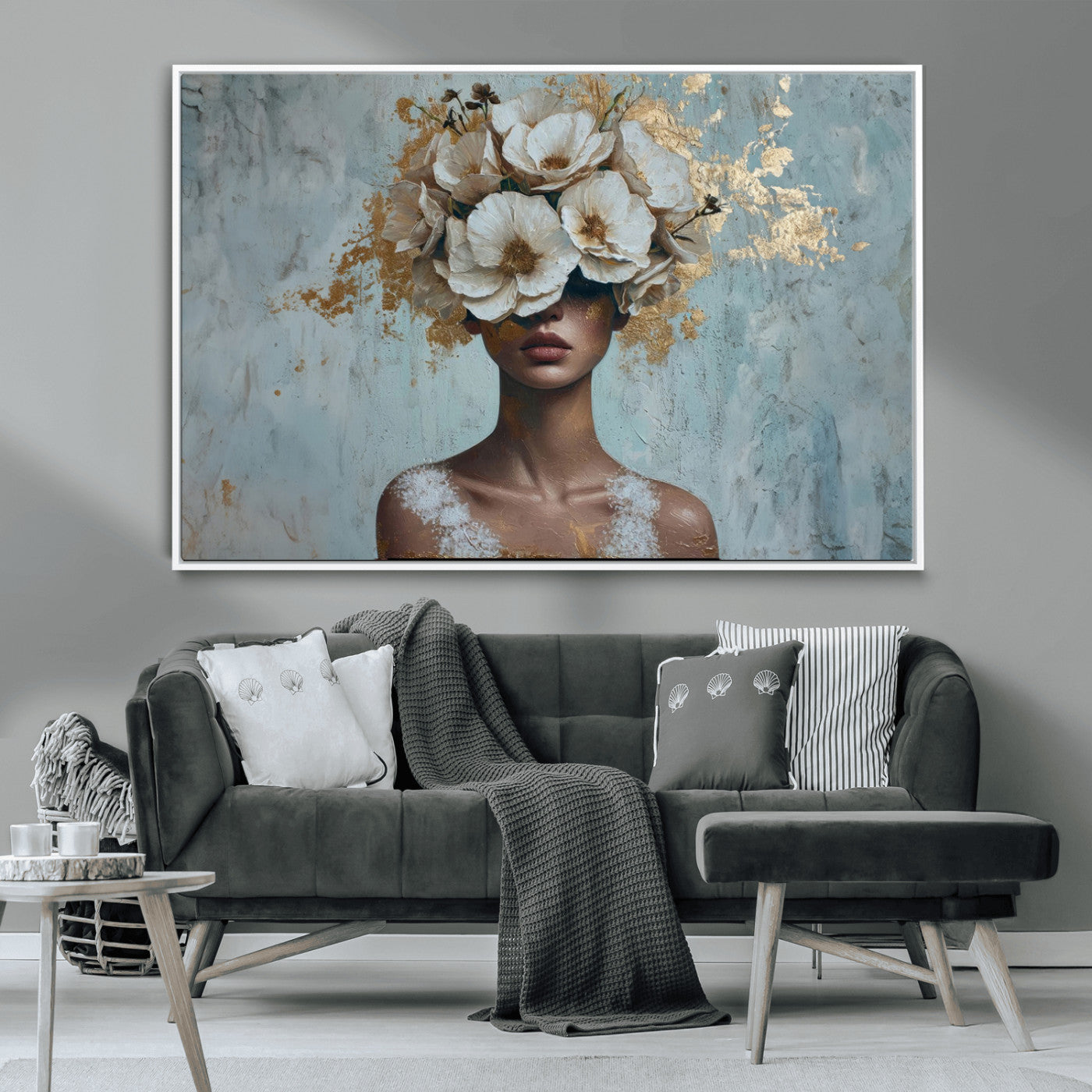 MGV-FC-36X24 - Golden Petal Wall Art - Petal Silhouette Woman Wall Art Canvas Print | Large 3-Panel Canvas with