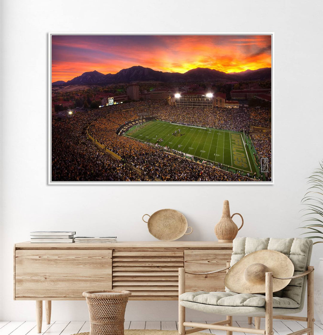 A vibrant mountain sunset at Folsom Field, home of the University of Colorado Football team, is captured in this stunning wall art canvas print.