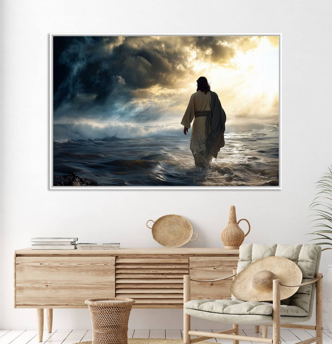 A dramatic sky serves as the backdrop for the Jesus Walking on Water wall art, a perfect piece for Christian home decor.