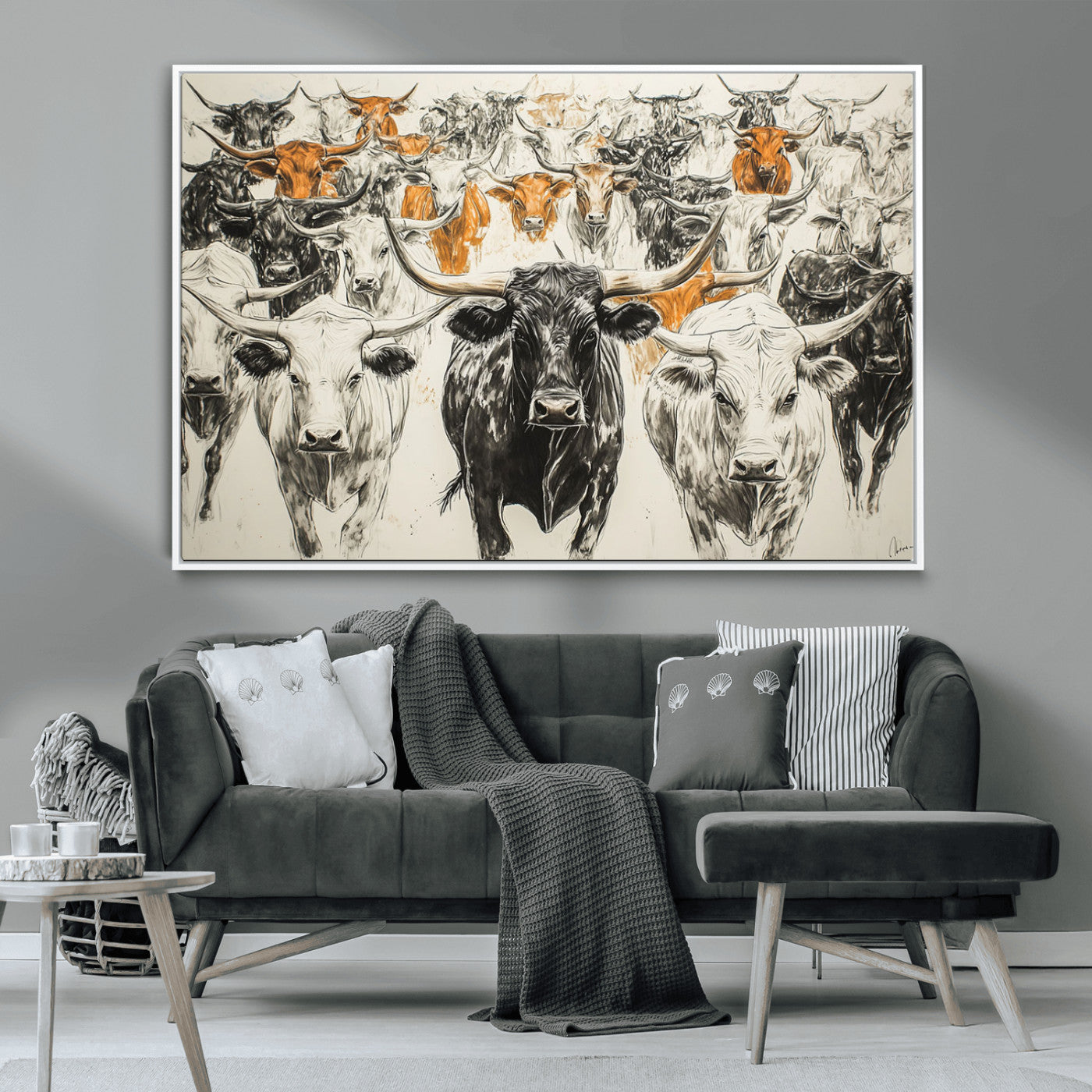 MGV-FC-36X24 - Texas Longhorn Wall Art - Herd Canvas Wall Art Print - Abstract Cow Drawing Wall Art Print for